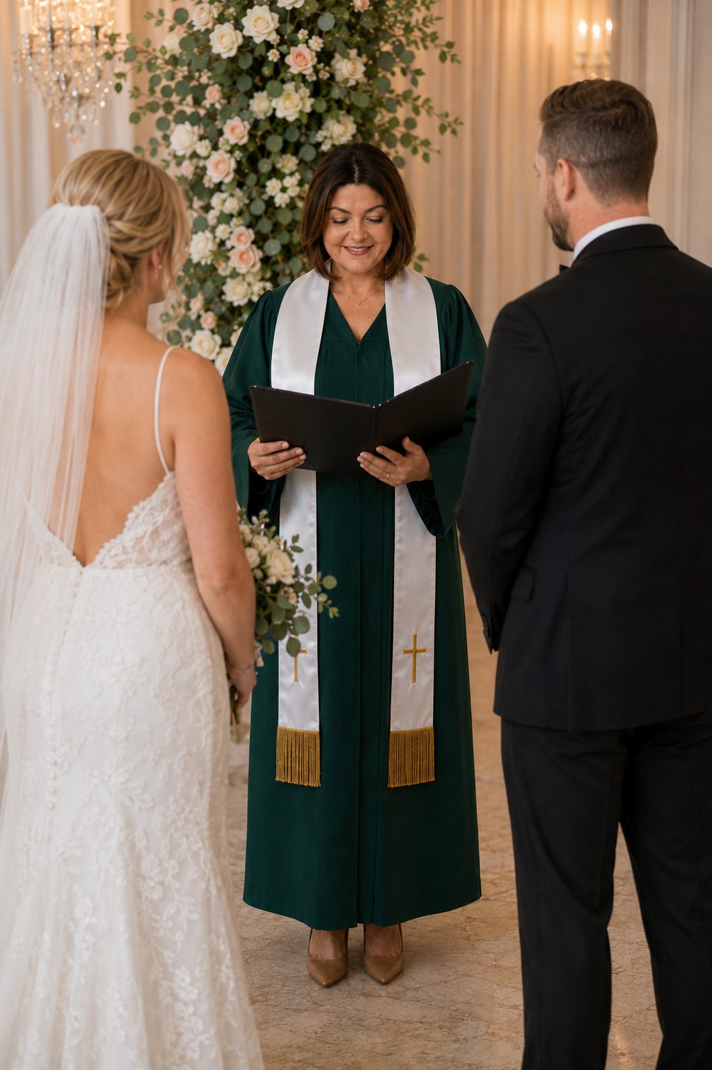 Joyful newlyweds walking together after exchanging their vows
