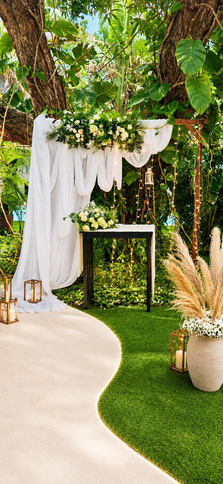 Bride and groom holding hands beneath a garden ceremony arch