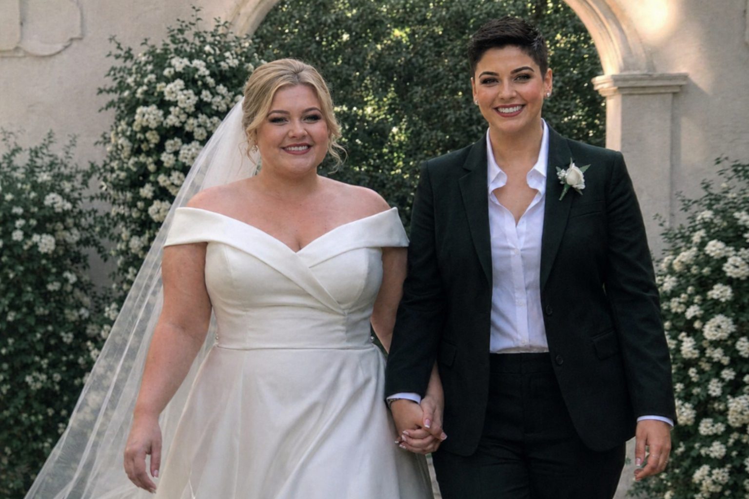 Couple embracing during an evening vow renewal ceremony